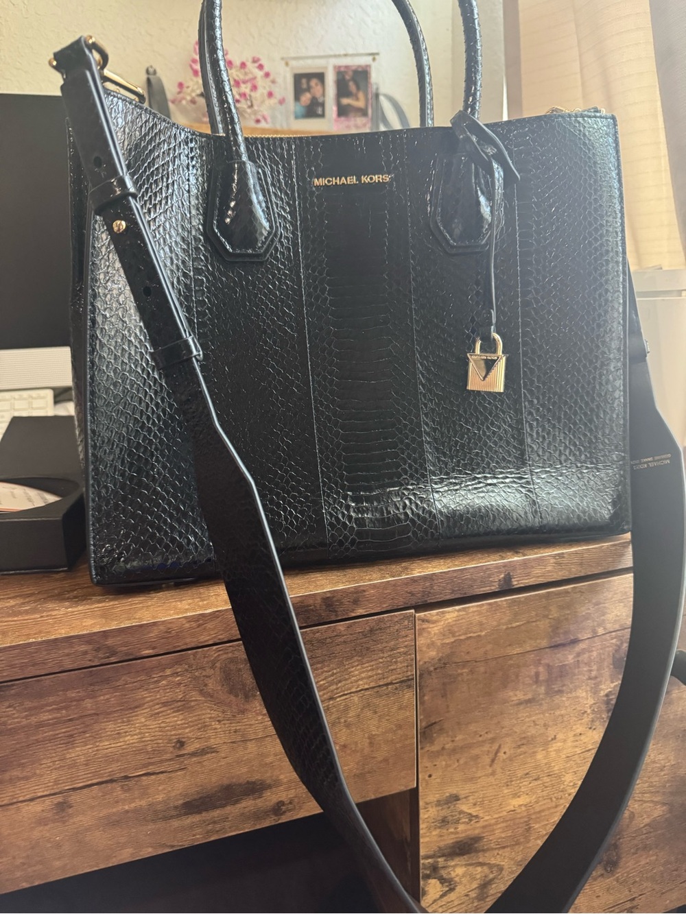 Michael Kors Black Real Snake-Skin Satchel with Gold Hardware